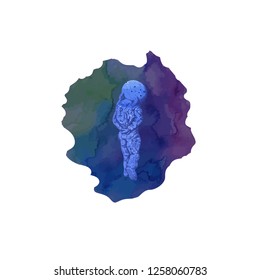 Astronaut lonely and sad goes into the distance. Watercolor