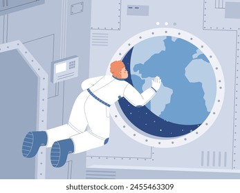 Astronaut look on earth. Cosmonaut floating in air in weightlessness on spaceship and looking outside. Universe explorer and adventure, snugly vector scene