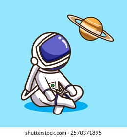 Astronaut look at the space Saturn cute cartoon design