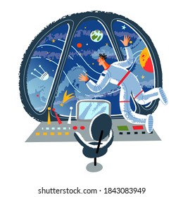 Astronaut looking at cosmos in spaceship. Happy man in rocket looking through window at night sky with planets, comets, satellites, Earth. Moon and planet travel vector illustration.