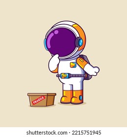 The astronaut is looking the fragile box with the confused expression of illustration