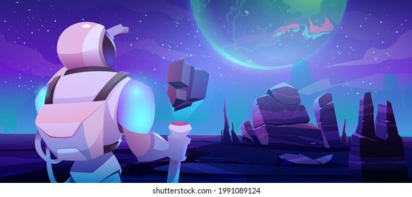 Astronaut looking on Earth from alien planet in far galaxy. Cosmonaut in suit and helmet holding staff interstellar travel. Spaceman stranger explore cosmos, space mission, cartoon vector illustration