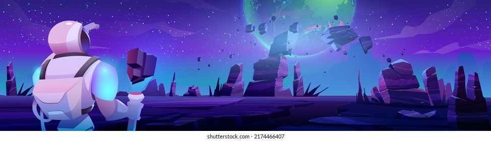 Astronaut looking on Earth from alien planet in far galaxy. Cosmonaut in suit and helmet holding staff interstellar travel. Spaceman stranger explore cosmos, space mission, cartoon vector illustration