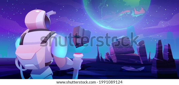 Astronaut looking on Earth from alien planet\
in far galaxy. Cosmonaut in suit and helmet holding staff\
interstellar travel. Spaceman stranger explore cosmos, space\
mission, cartoon vector\
illustration