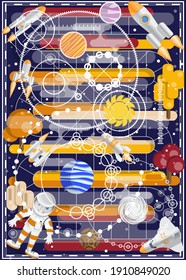 The astronaut is looking for a rocket. Board game. Vector illustration.