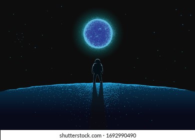 Astronaut looks to blue star from uncharted planet. Spaceman explore the universe. Handcrafted style. Vector illustration