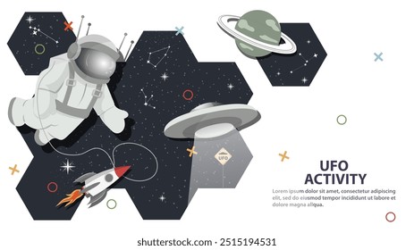 Um astronauta olha para baixo em um OVNI voador contra o fundo do espaço na forma de favos de mel, crianças achatadas rabiscam