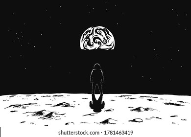 Astronaut looks to Earth . Spaceman walk on lunar surface.Hand drawn style. Vector illustration