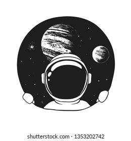 an astronaut looks out of a hole in space. Handcrafted style. Vector illustration