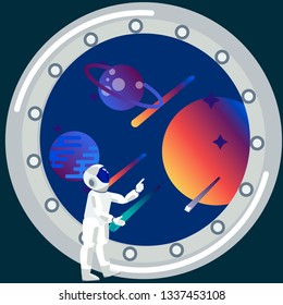 Astronaut looks out the window. The theme of space travel. In minimalist style Cartoon flat Vector Illustration