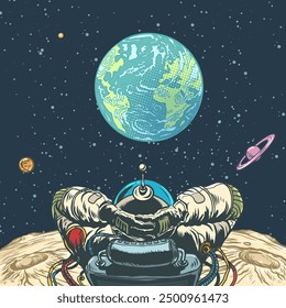 The astronaut looks at planet earth with his hands behind his head. Relax in space. Observe the universe and stars. Pop Art Retro Vector Illustration Kitsch Vintage 50s 60s Style