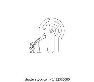 Astronaut looks through the telescope to universe - Flat Line Art Design Illustration.