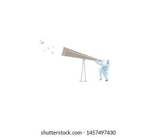 Astronaut looks through the telescope to universe - Flat Line Art Design Illustration.