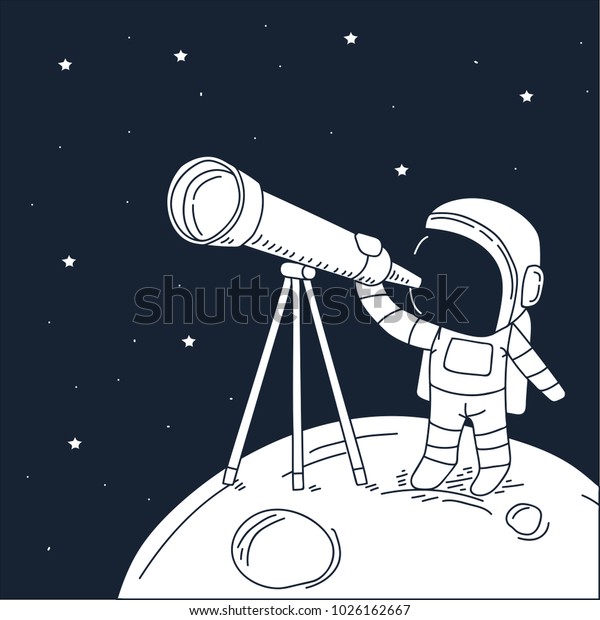 astronaut looks through the telescope\
to universe on Moon.Drawing style.Space vector\
illustration