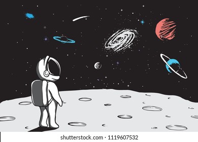 Astronaut looks to universe from planet.Hand drawn vector illustration