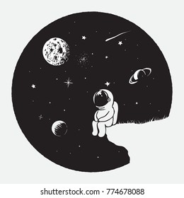 Astronaut looks to universe.Space vector illustration.Prints design for dress