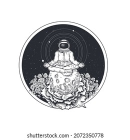 Astronaut in the lotus position, flowers and moon. Meditation in space. Space background.  Surrealism, symbolism magic Tattoo sketch. T-shirt design.