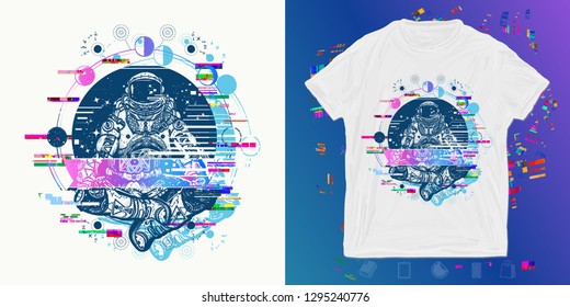 Astronaut in the lotus position glitch. Print for t-shirts and another, trendy apparel design. Symbol of meditation, harmony, yoga. Spaceman and Universe 