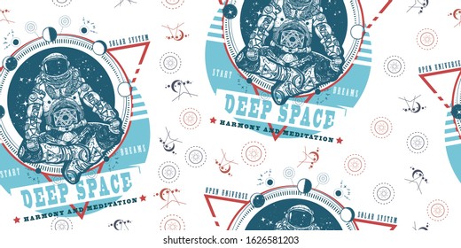 Astronaut in the lotus position. Seamless pattern. Packing old paper, scrapbooking style. Vintage background. Medieval manuscript, engraving art. Symbol of meditation, harmony, yoga. Spaceman yoga 