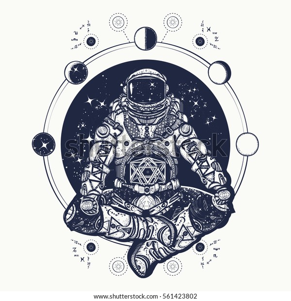 Astronaut in\
the lotus position tattoo art and t-shirt design. Symbol of\
meditation and harmony, yoga. Spaceman\
yoga