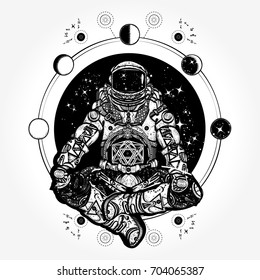 Astronaut in the lotus position tattoo and t-shirt design. Spaceman silhouette. Symbol of meditation, harmony, yoga 