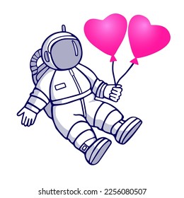 
Astronaut in love congratulates with heart-shaped balloons. Vector isolated cartoon illustration isolated on white background.