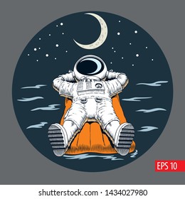 Astronauta sobre el colchón inflable. Estrellas y luna. Ilustración vectorial de estilo cómic.