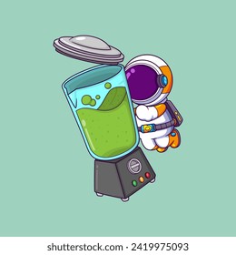 astronaut make fresh fruit juice in blender cartoon character of illustration