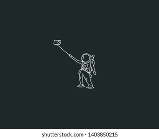 Astronaut make selfie - Flat Line Art Design Illustration.