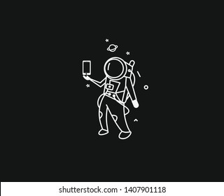 Astronaut make selfie - Flat Line Art Design Illustration.