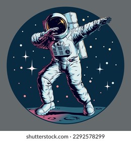 Astronaut makes dab dance gesture, shows dabbing movement on the moon or another planet, vector illustration