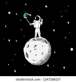 Astronaut makes selfie with an alien. On the background of the moon and the starry sky