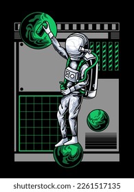 astronaut making art in space using spray paint, modern vector design. suitable for t-shirts, clothing, apparel, merchandise