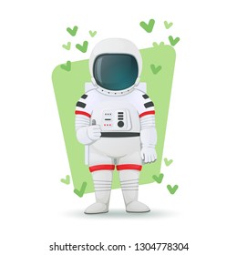 Astronaut making gesture of approval with green check marks in the background. Thumbs up sign. Like, agreement pose. Cartoon character. Vector illustration.