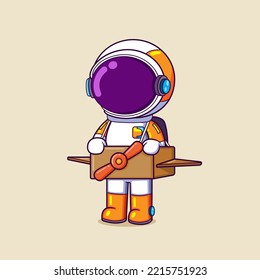 The astronaut is making a plane toy with a box and trying to play with it of illustration
