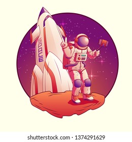 Astronaut making selfie on moon. Spacemen in space suit giving peace or victory sign on rocket background. Cosmonaut posing and take picture of himself on planet surface Cartoon vector illustration