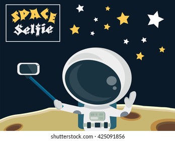 Astronaut making a selfie on the moon surface background concept. Space self photo vector illustration