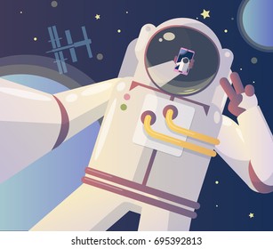 Astronaut making a selfie in the space. Vector illustration