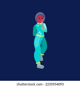 Astronaut making silence gesture on dark blue background. Alien character in space suit cartoon illustration. Futuristic, UFO concept