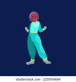 Astronaut making winning gesture on dark blue background. Alien character in space suit cartoon illustration. Futuristic, UFO concept