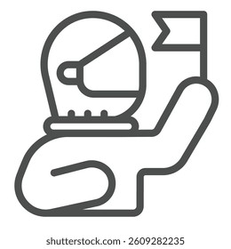 Astronaut man with flag line icon, cosmos concept. Vector graphics. First tearer human, exploration sign on white background, outline style icon for mobile or web design