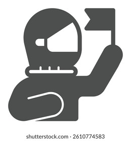 Astronaut man with flag solid icon, cosmos concept. Vector graphics. First tearer human, exploration sign on white background, glyph style icon for mobile or web design