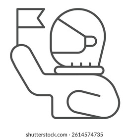Astronaut man with flag thin line icon, cosmos concept. Vector graphics. First tearer human, exploration sign on white background, linear style icon for mobile or web design