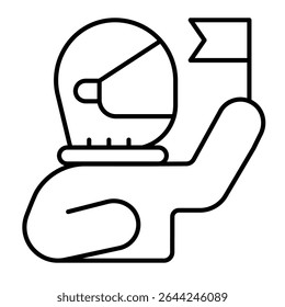 Astronaut man with flag thin line icon, cosmos concept. Vector graphics. First tearer human, exploration sign on white background, style mobile or design