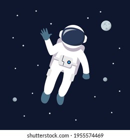Astronaut man floating in space. star and planets on galaxy background. Flat style vector illustration