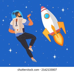 Astronaut man flying among planets and rockets. Guy dressed as spaceman in sky. Person in costume of space explorer flying near rocket. Outfit for holiday in cosmic style vector illustration