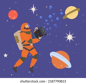 Astronaut man flying among planets and rockets. Guy dressed as spaceman with soap bubble machine. Person in costume of space explorer flying in space. Outfit for show, holiday in cosmic style