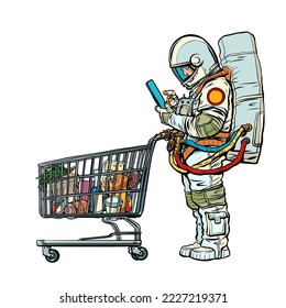 Astronaut man with a grocery cart in the store looks at the phone. Online product selection. Electronic commerce. Pop art retro vector illustration kitsch vintage 50s 60s style