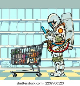 Astronaut man with a grocery cart in the store looks at the phone. Online product selection. Electronic commerce. Pop art retro vector illustration kitsch vintage 50s 60s style