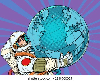 Astronaut man holds in his hands the planet earth science ecology humanity. Pop art retro vector illustration 50s 60s vintage kitsch style